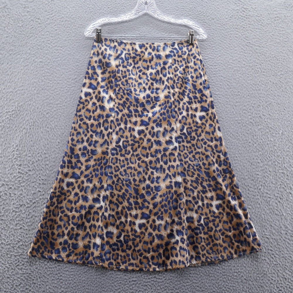 Lulus Blue Tan Leopard‎ Print A-Line Midi Skirt Small Satin Feel Animal Print